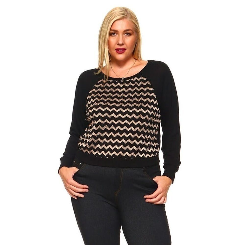 Bluenotes Cropped Sweater Top With Metallic Jagged Lines - Gold Black